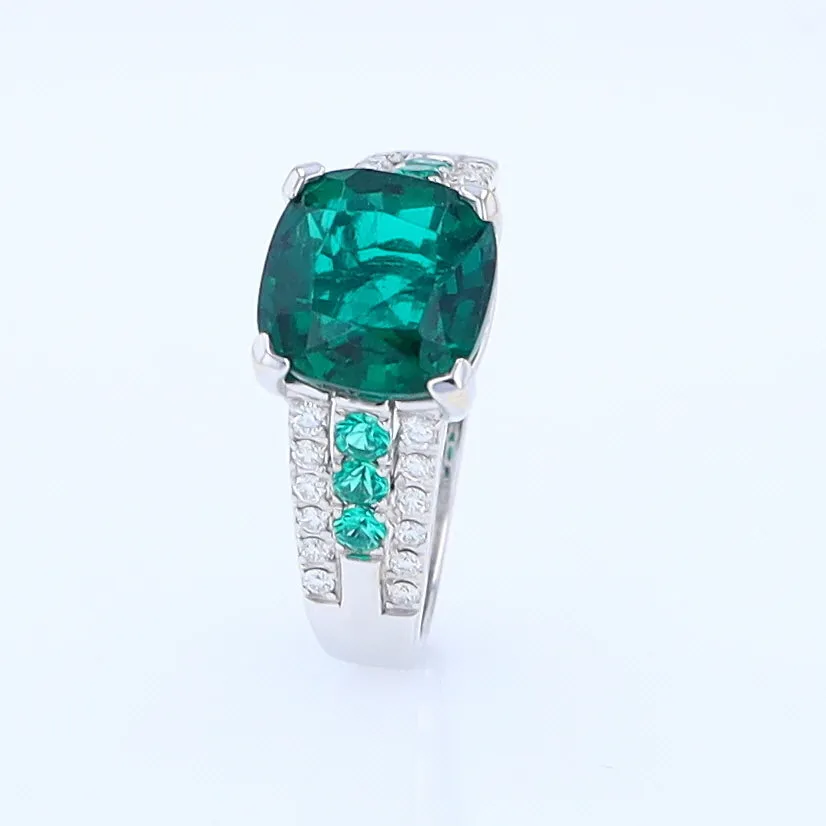 14K White Gold Synthetic Emerald Ring with Diamonds