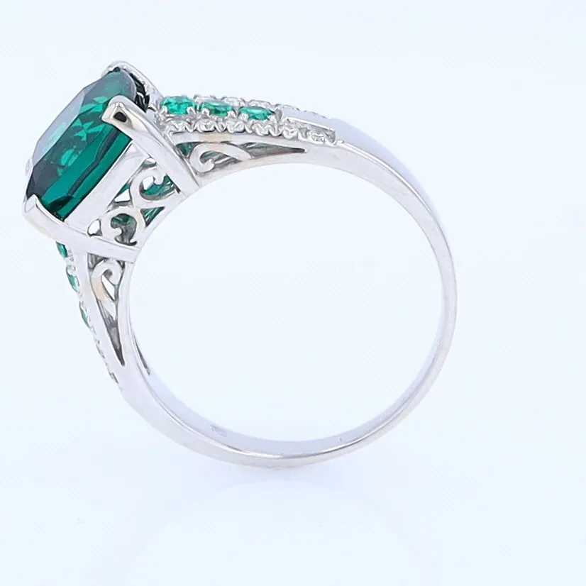 14K White Gold Synthetic Emerald Ring with Diamonds