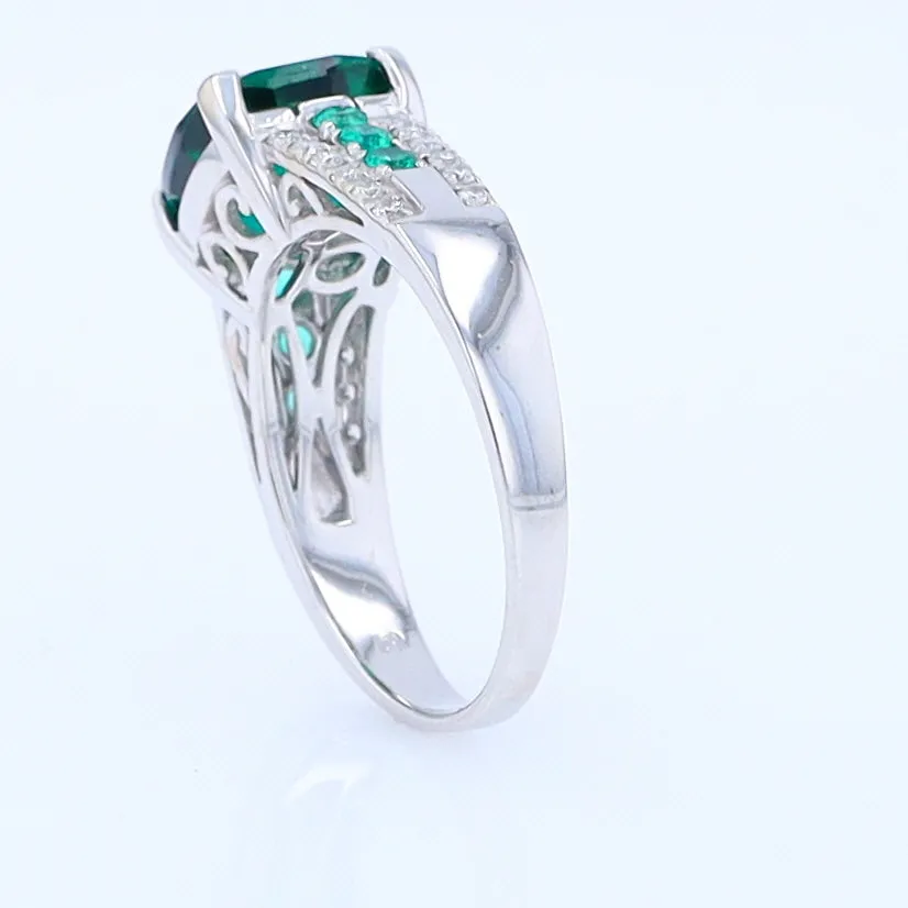 14K White Gold Synthetic Emerald Ring with Diamonds