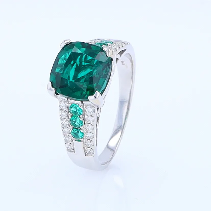 14K White Gold Synthetic Emerald Ring with Diamonds