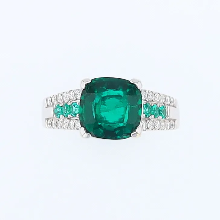 14K White Gold Synthetic Emerald Ring with Diamonds