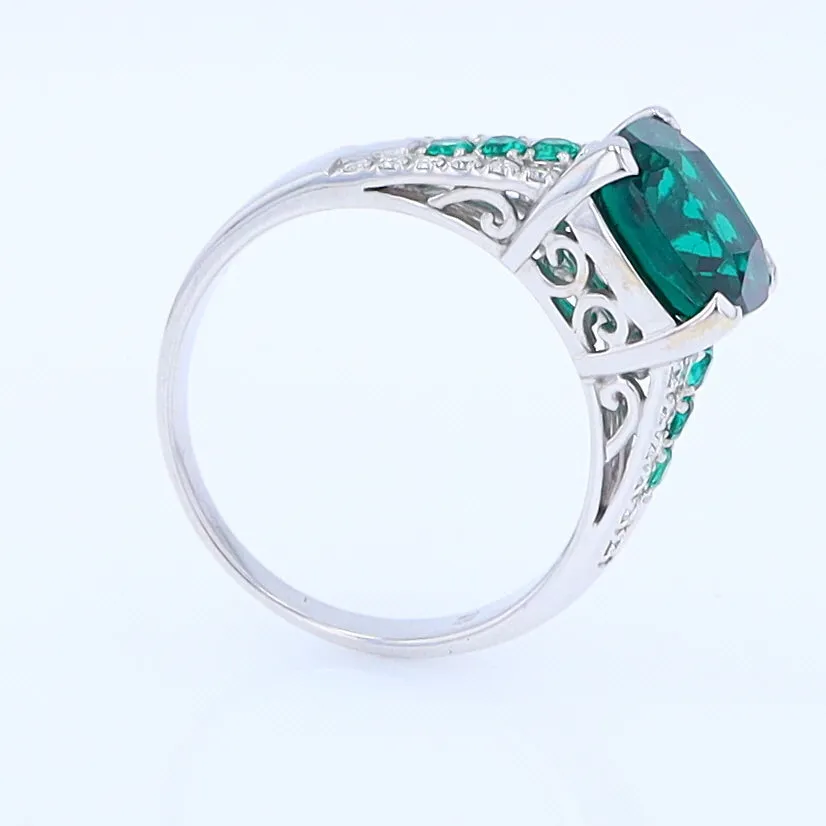 14K White Gold Synthetic Emerald Ring with Diamonds