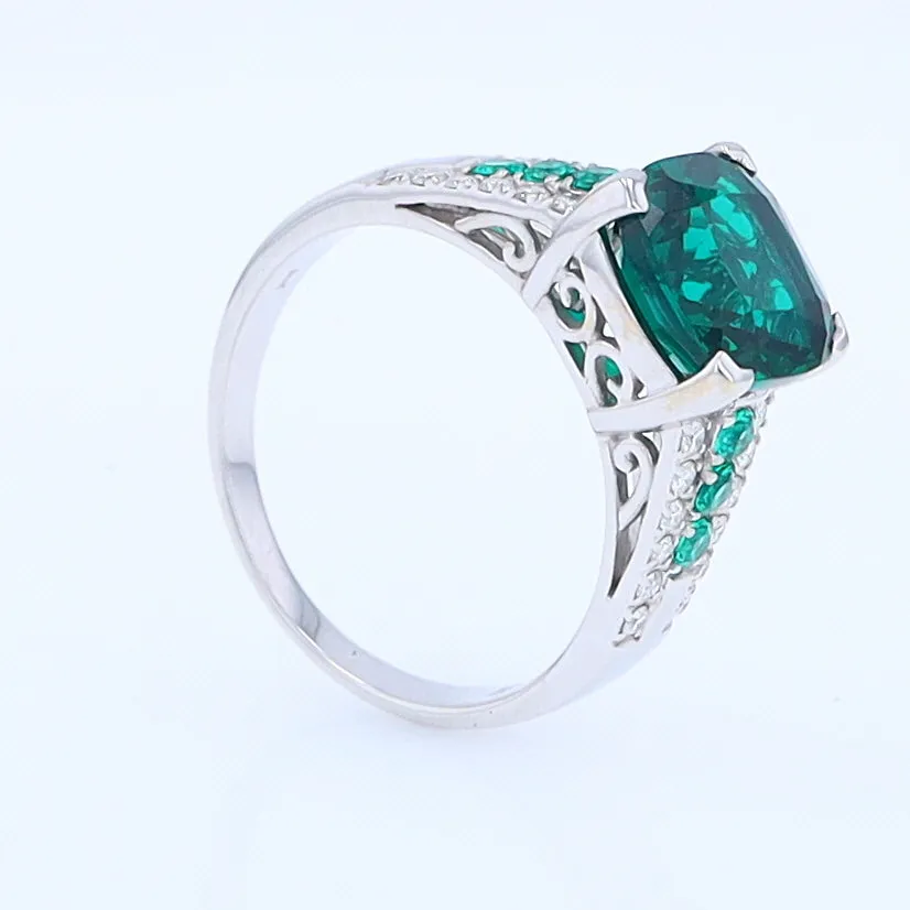 14K White Gold Synthetic Emerald Ring with Diamonds