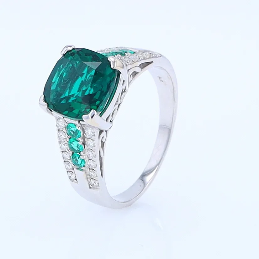 14K White Gold Synthetic Emerald Ring with Diamonds