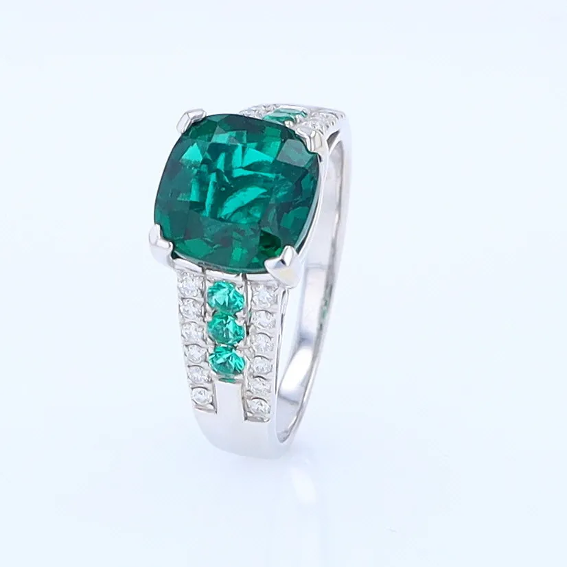 14K White Gold Synthetic Emerald Ring with Diamonds