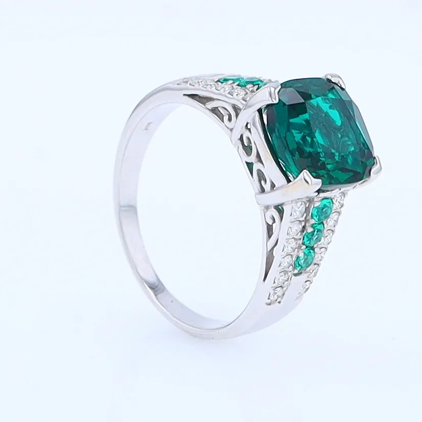 14K White Gold Synthetic Emerald Ring with Diamonds