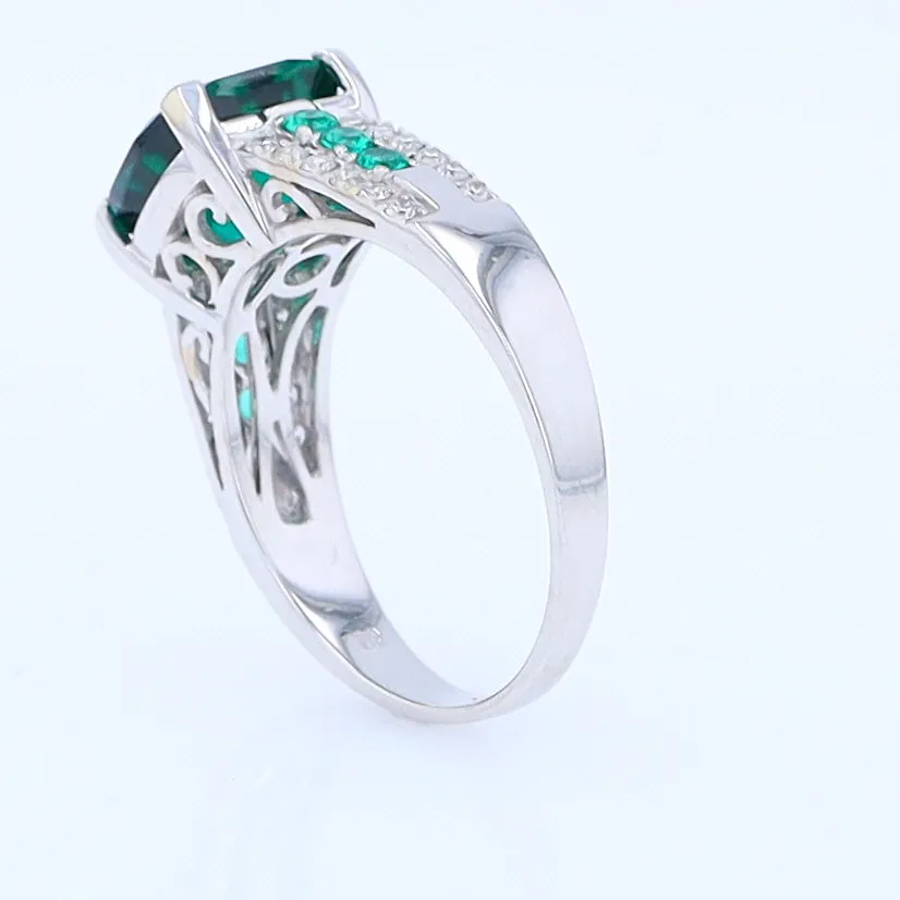 14K White Gold Synthetic Emerald Ring with Diamonds