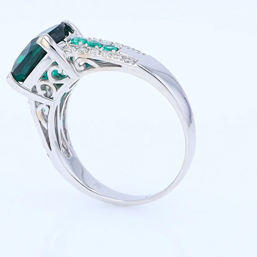 14K White Gold Synthetic Emerald Ring with Diamonds