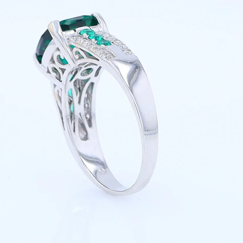 14K White Gold Synthetic Emerald Ring with Diamonds