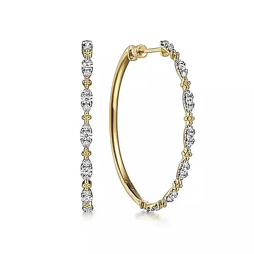 14K Yellow Gold 40mm 0.60Ct Diamond Station Intricate Hoop Earrings