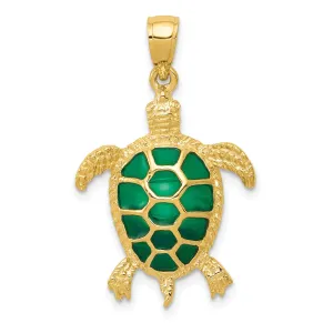 14K Yellow Gold Casted Solid Polished and Textured Finish Green Enameled Sea Turtle Charm Pendant