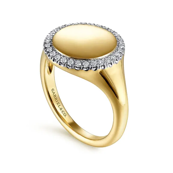 14K Yellow Gold Pinky Signet Ring with Diamond Halo