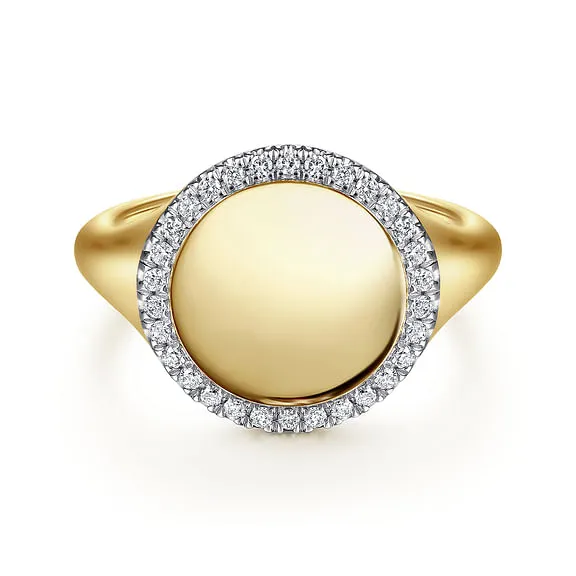 14K Yellow Gold Pinky Signet Ring with Diamond Halo