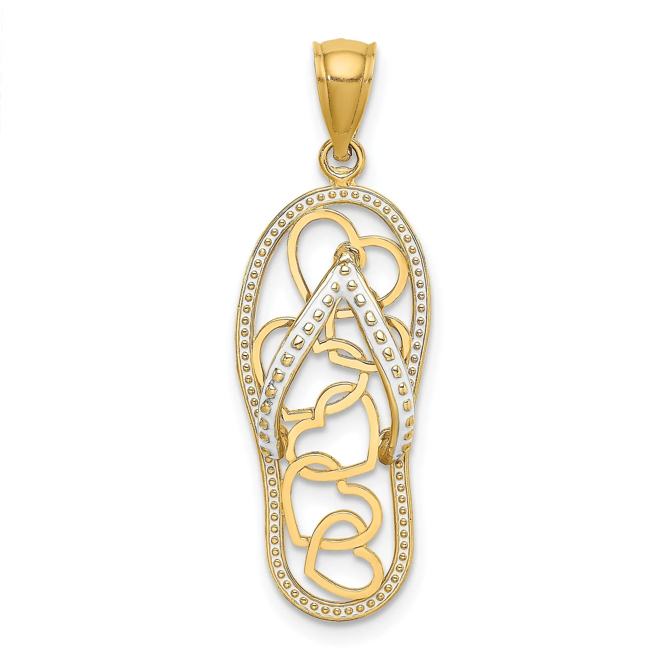 14K Yellow Gold Polished With White Enameled Finish Multi Heart Design Flip-Flop Single Sandle Charm Pendant