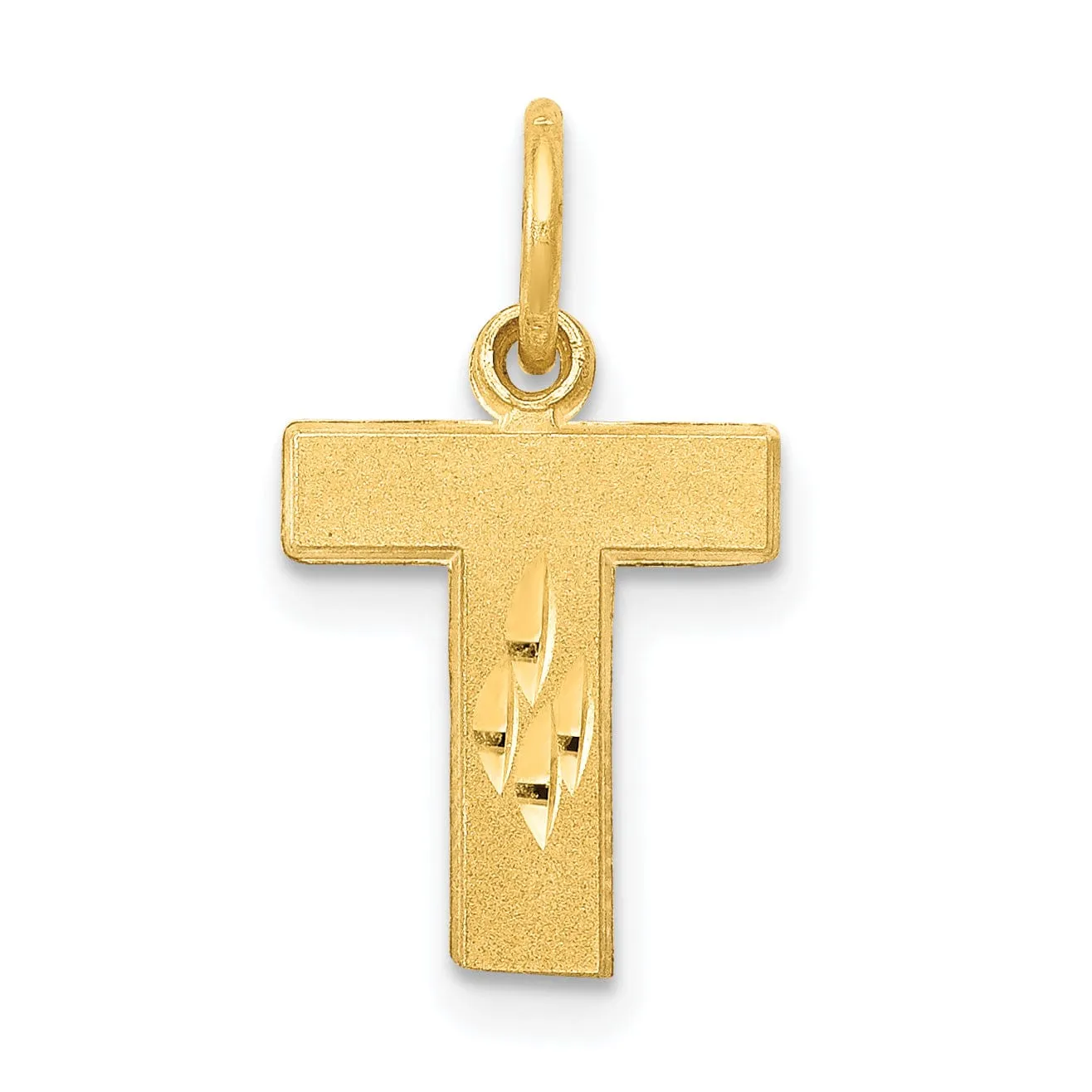 14k Yellow Gold Satin Diamond Cut Finish Letter T Initial Charm Pendant