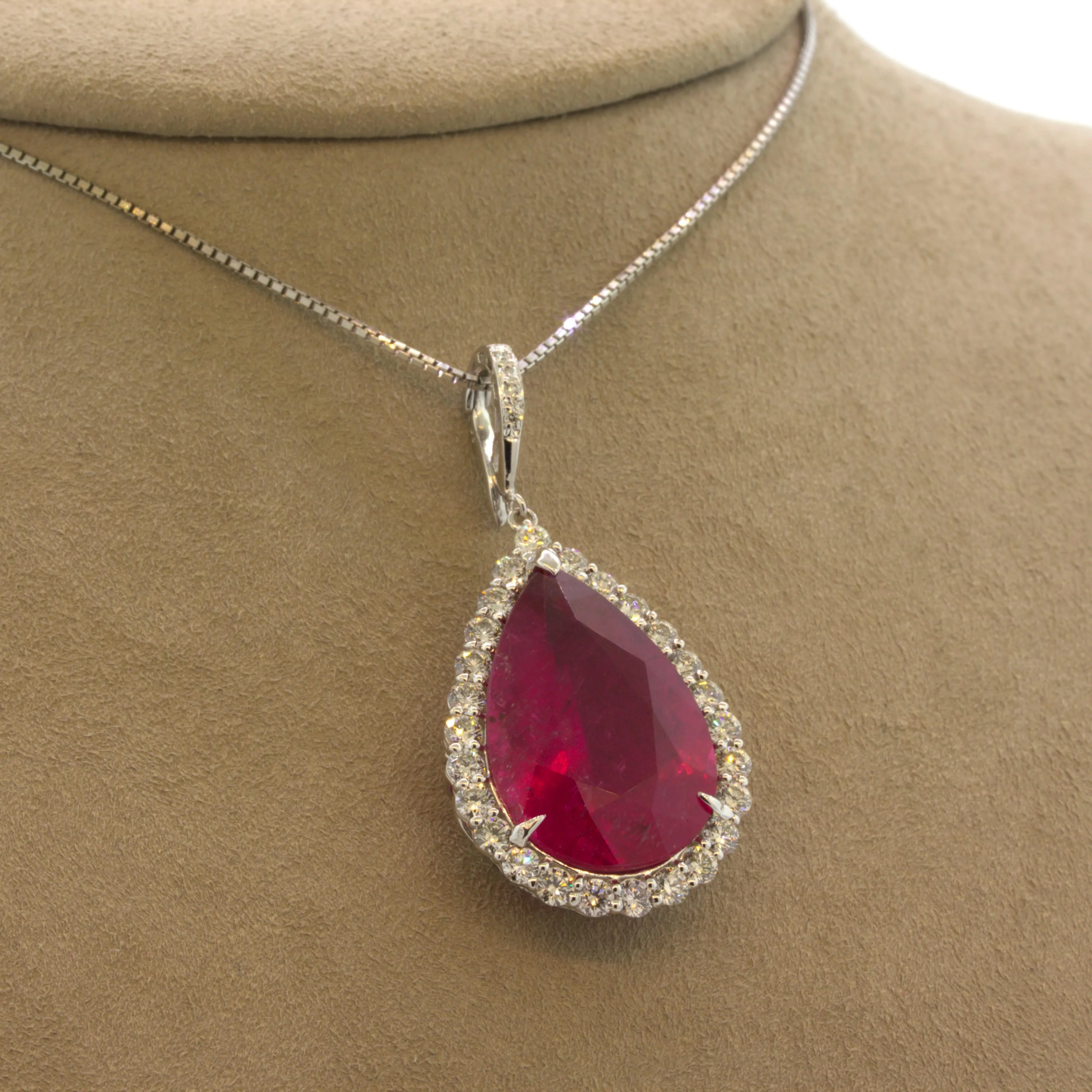 18.64 Carat Rubellite Tourmaline Diamond Halo Platinum Drop Pendant