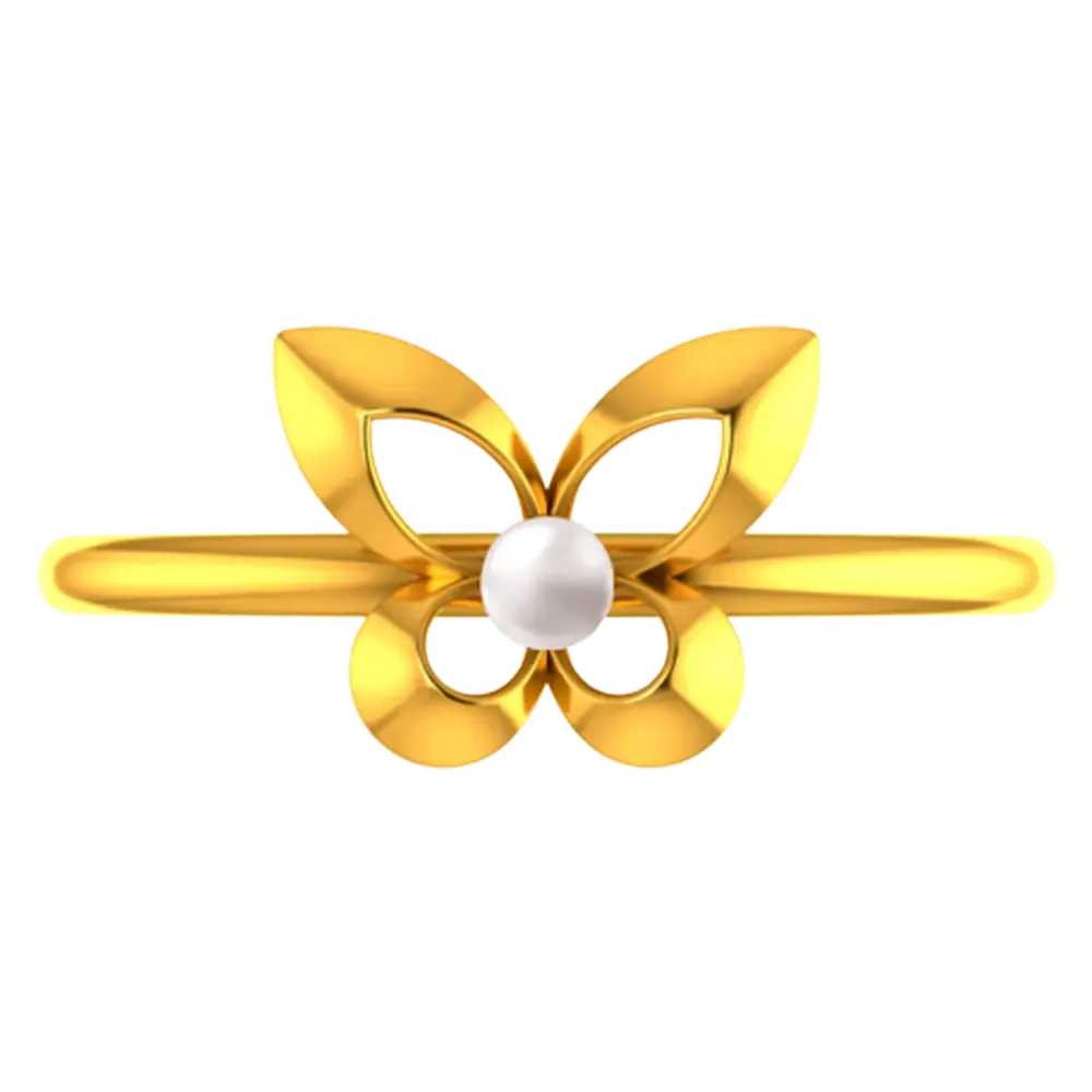 18k Gold Ring With Butterfly Wings And A Pearl In The Middle