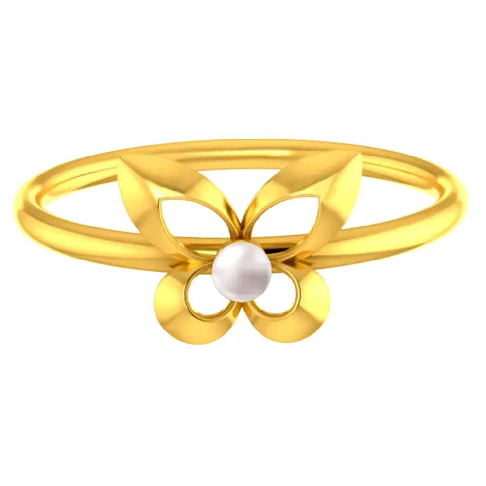 18k Gold Ring With Butterfly Wings And A Pearl In The Middle