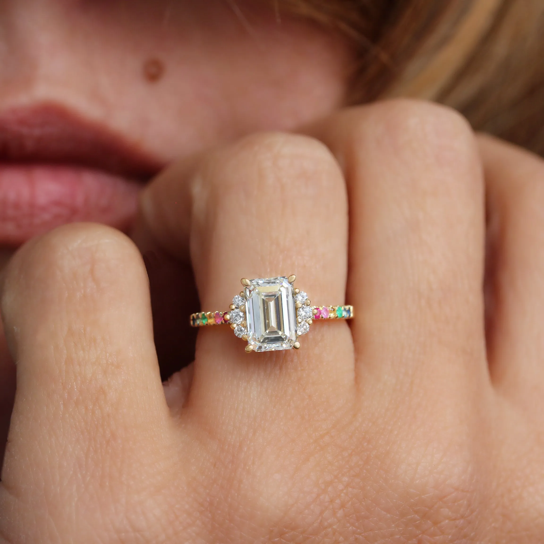 2CT Emerald Cut Diamond Rainbow Band Engagement Ring  - Parvati