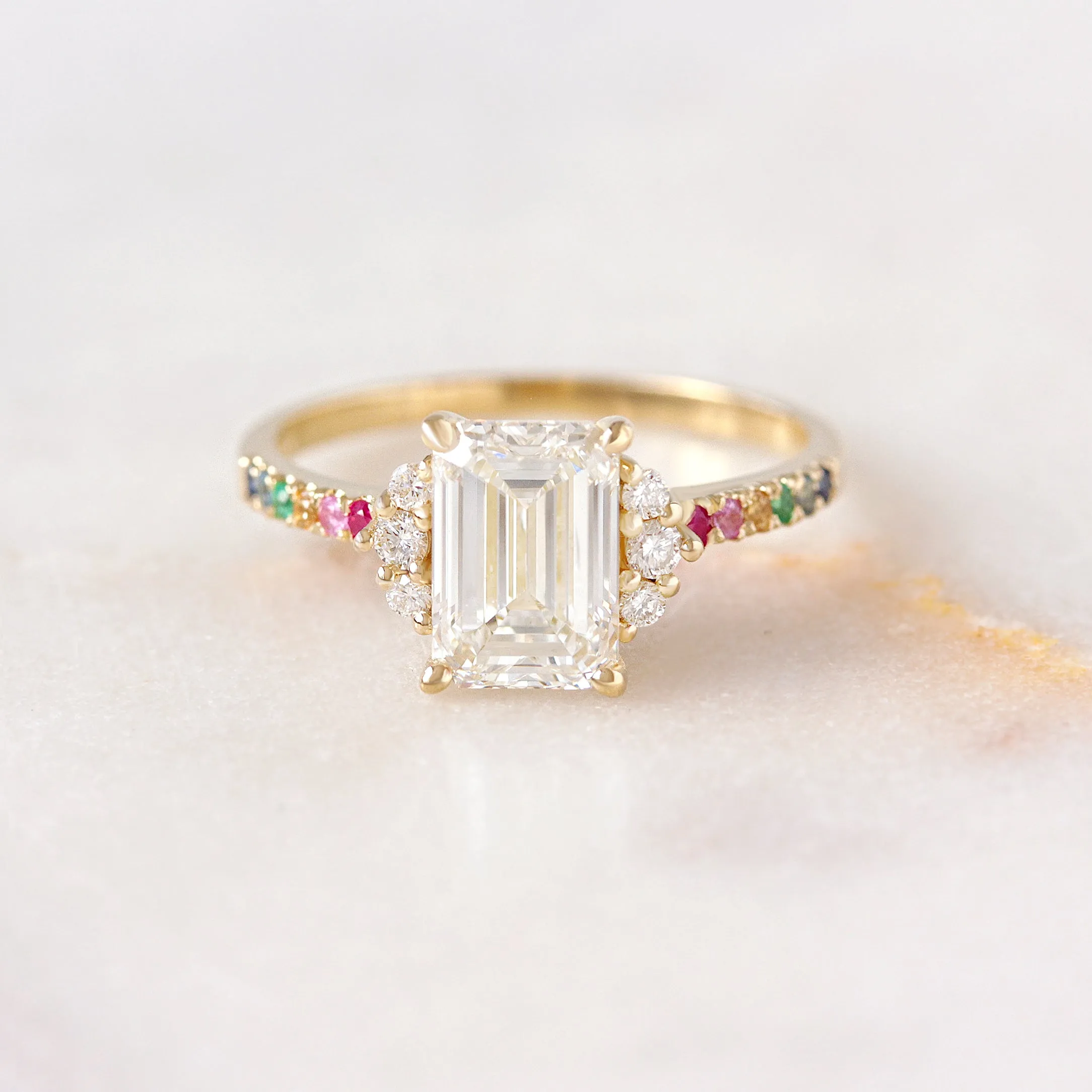 2CT Emerald Cut Diamond Rainbow Band Engagement Ring  - Parvati