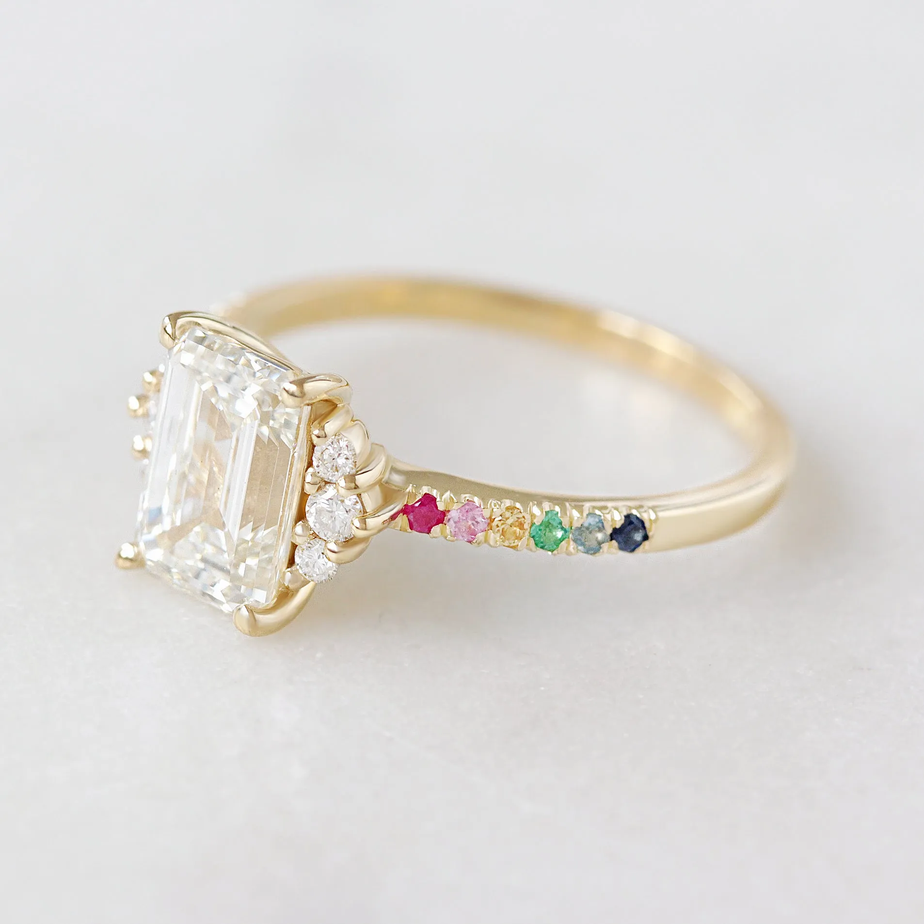 2CT Emerald Cut Diamond Rainbow Band Engagement Ring  - Parvati