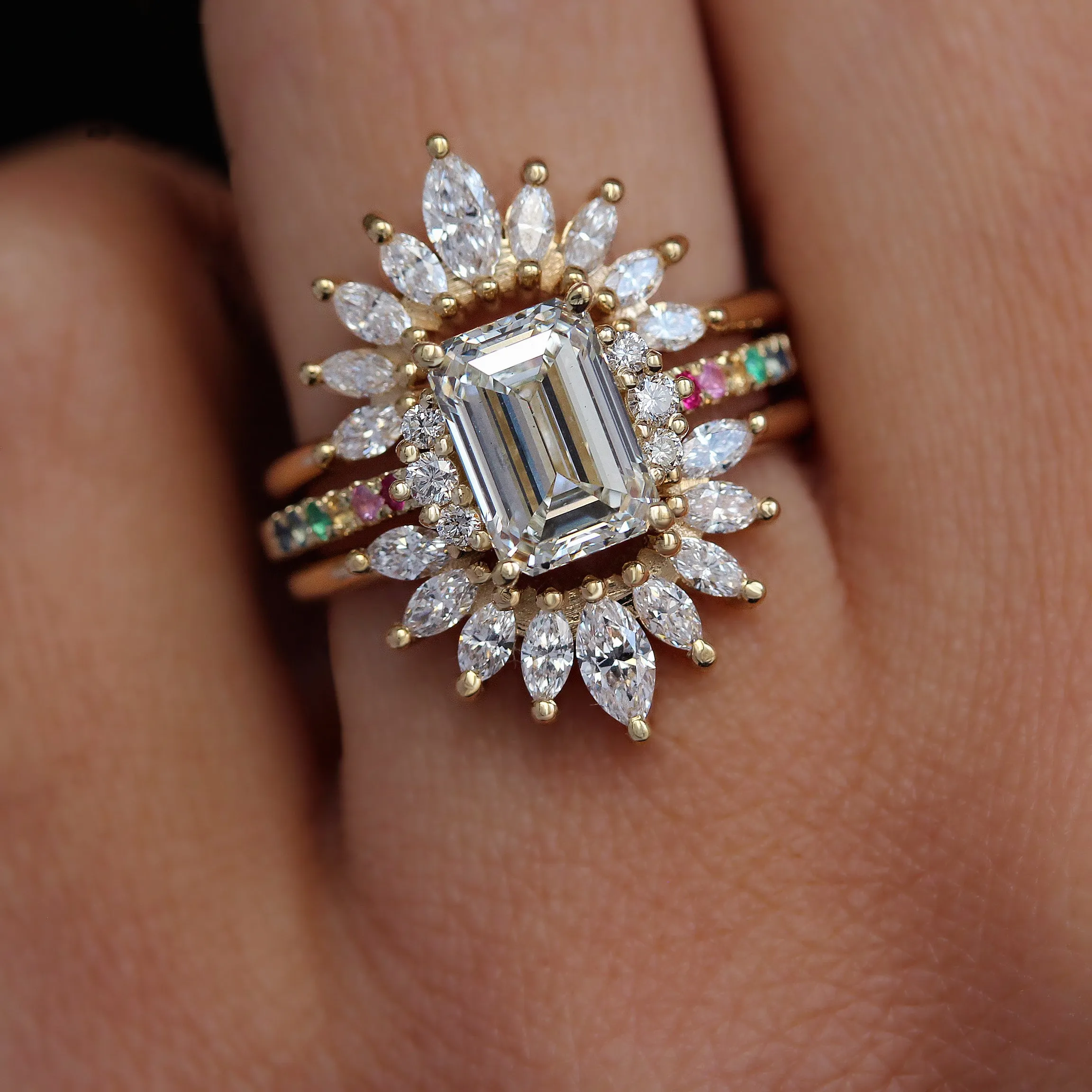 2CT Emerald Cut Diamond Rainbow Band Engagement Ring  - Parvati