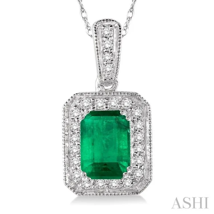 6x4 mm Emerald Cut Emerald and 1/5 Ctw Round Cut Diamond Pendant in 14K White Gold with Chain