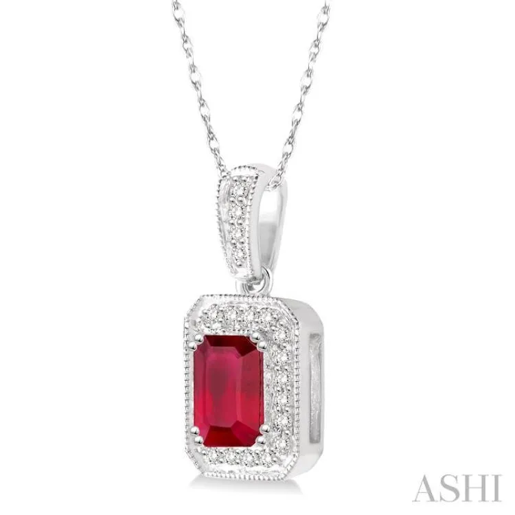 6x4 mm Emerald Cut Ruby and 1/5 Ctw Round Cut Diamond Pendant in 14K White Gold with Chain