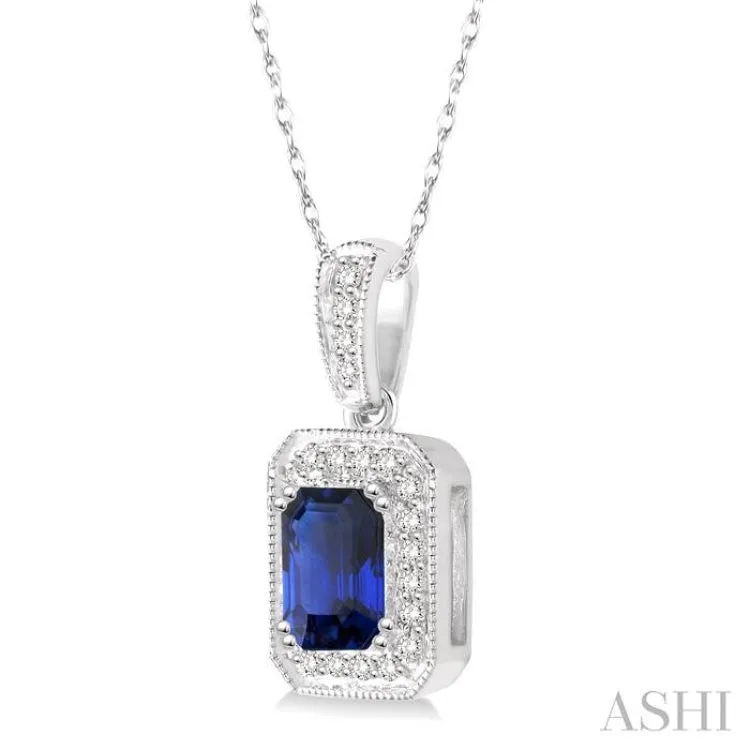 6x4  MM Emerald Shape Sapphire and 1/5 Ctw Round Cut Diamond Pendant in 14K White Gold with Chain