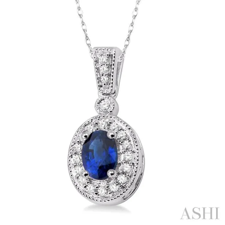 6x4 MM Oval Cut Sapphire and 1/8 Ctw Round Cut Diamond Pendant in 14K White Gold with Chain