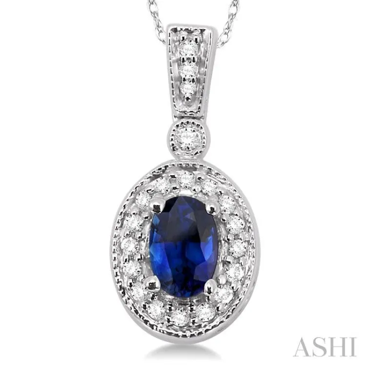 6x4 MM Oval Cut Sapphire and 1/8 Ctw Round Cut Diamond Pendant in 14K White Gold with Chain