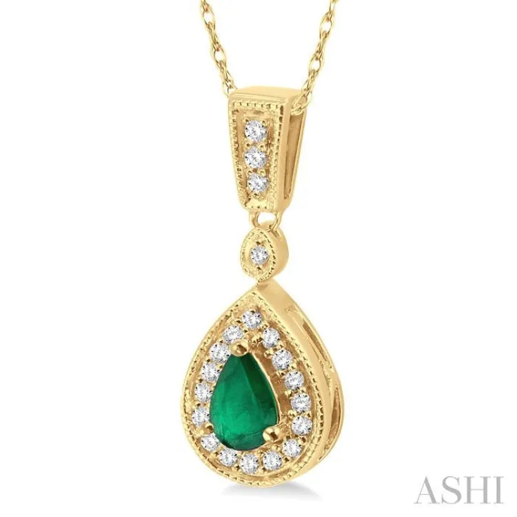 6x4 MM Pear Shape Emerald and 1/6 Ctw Round Cut Diamond Pendant in 14K Yellow Gold with Chain