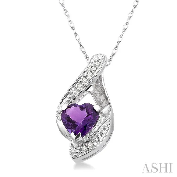 7mm Heart Shape Amethyst and 1/20 Ctw Single Cut Diamond Pendant in 14K White Gold with Chain