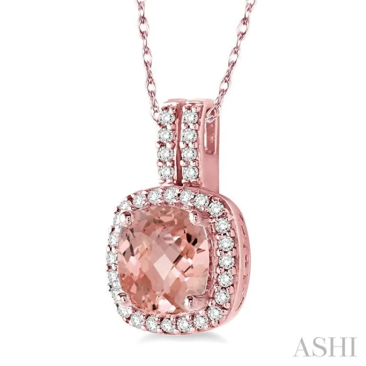 7x7  MM Cushion Shape Morganite and 1/5 Ctw Round Cut Diamond Pendant in 14K Rose Gold with Chain