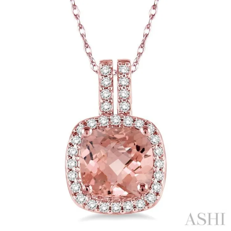 7x7  MM Cushion Shape Morganite and 1/5 Ctw Round Cut Diamond Pendant in 14K Rose Gold with Chain