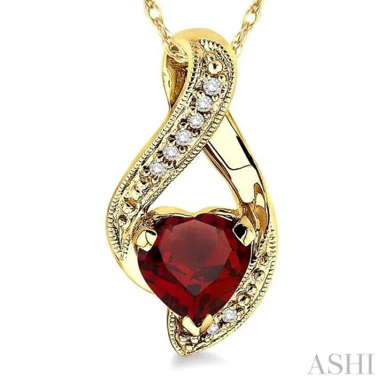 7X7mm Heart Shape Garnet and 1/20 Ctw Single Cut Diamond Pendant in 10K Yellow Gold with Chain