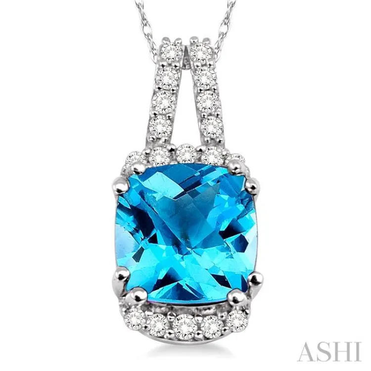 8x8 MM Cushion Shape Blue Topaz and 1/5 Ctw Round Cut Diamond Pendant in 14K White Gold with Chain