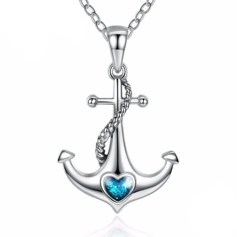 925 Sterling Silver Blue Heart Crystal Anchor Pendant Necklace