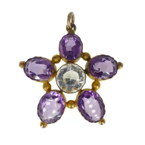 Antique Gold Amethyst Rock Crystal Floral Pansy Pendant