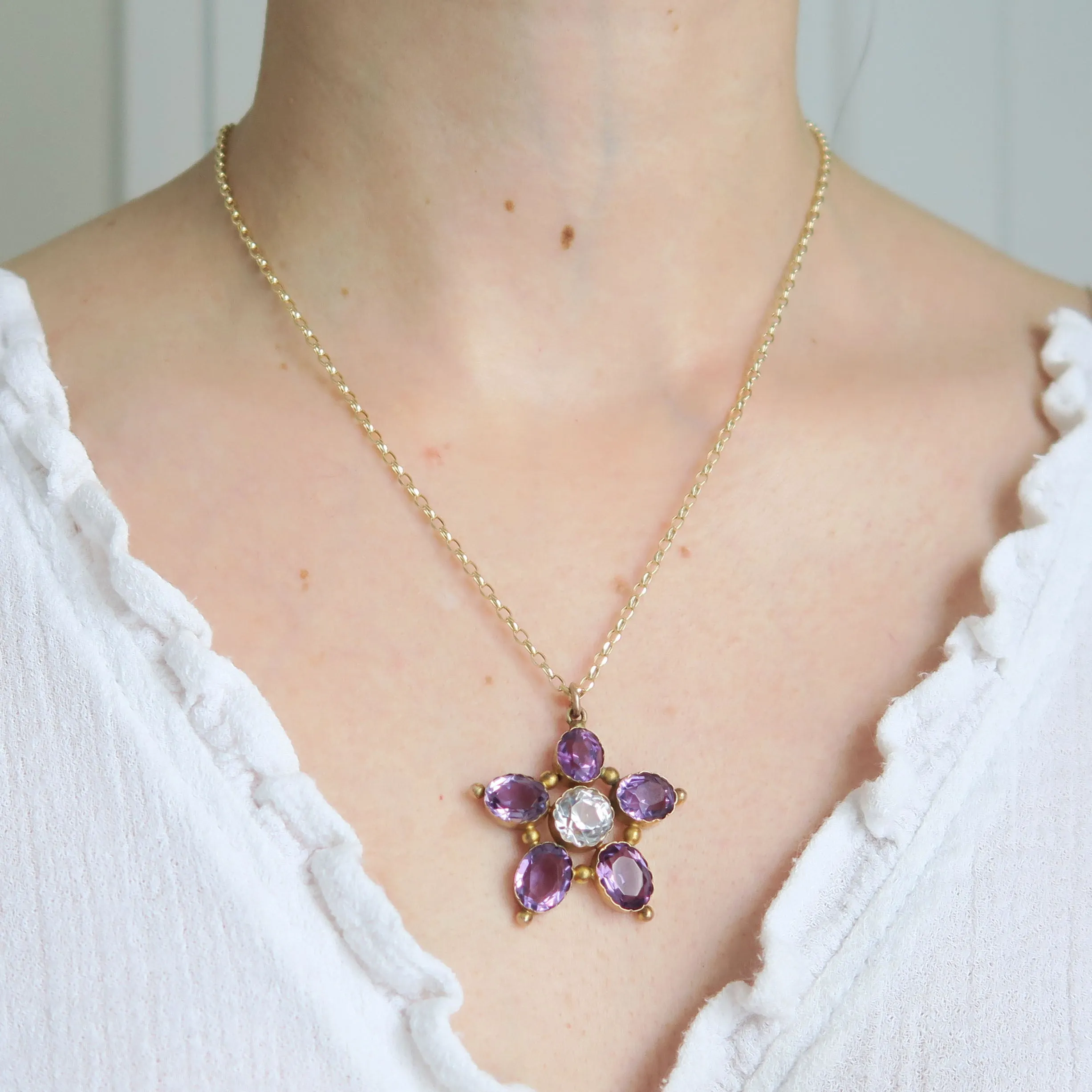 Antique Gold Amethyst Rock Crystal Floral Pansy Pendant