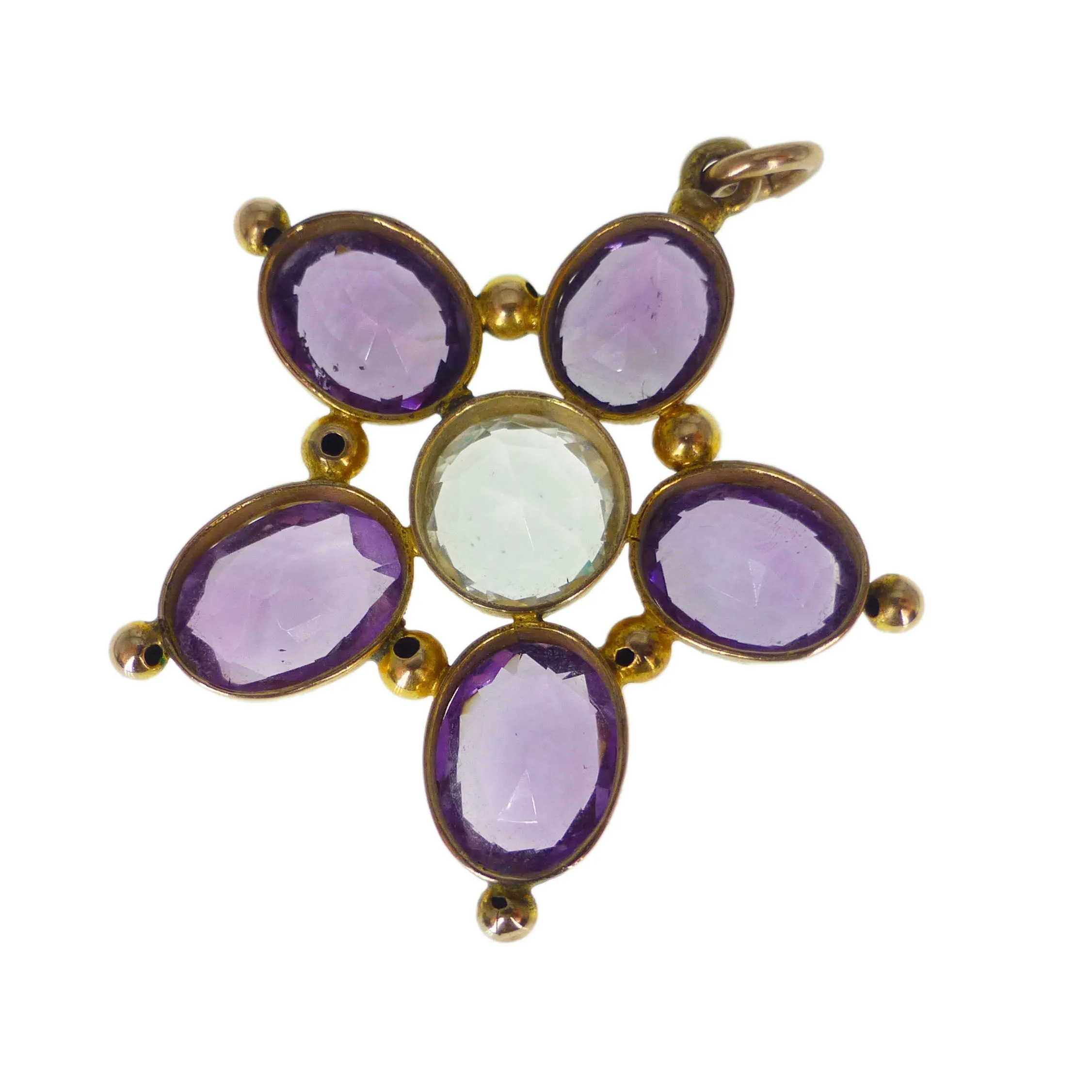 Antique Gold Amethyst Rock Crystal Floral Pansy Pendant