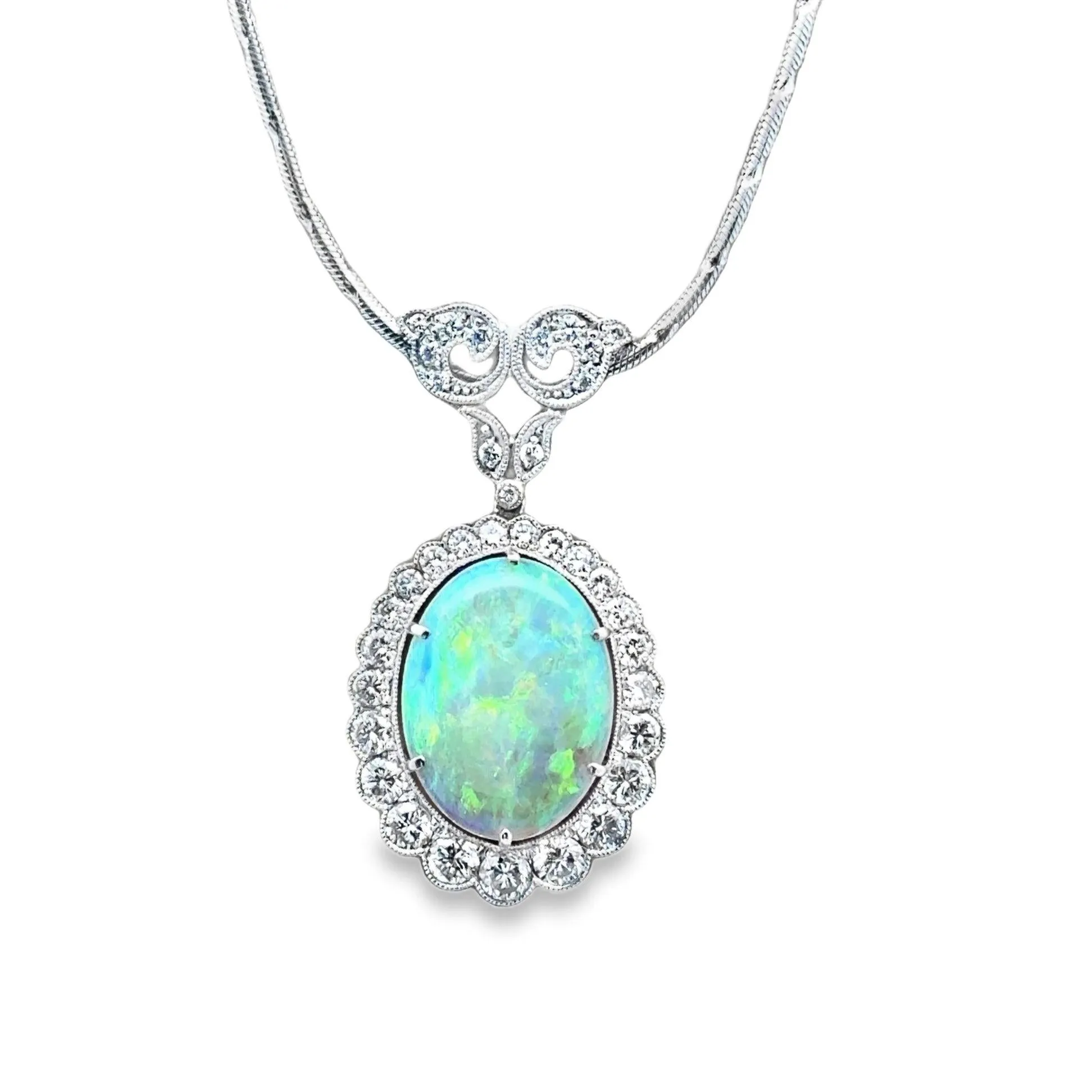 Australian Crystal Opal Diamond Platinum Pendant, Art-Deco Style