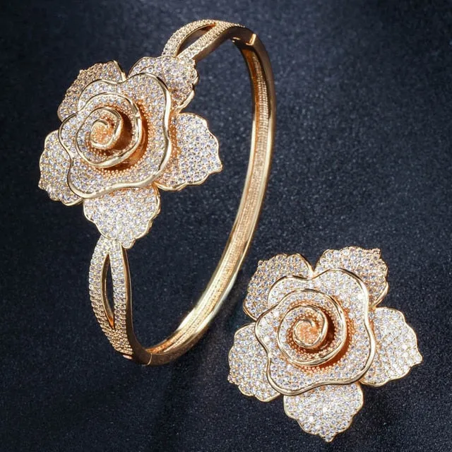 Big Rose Flower Shape Bangle and Ring Sets - Bridal Party Gifts