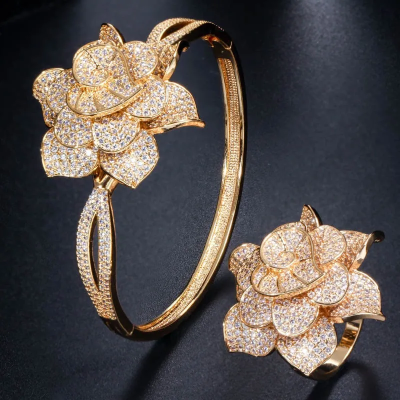 Big Rose Flower Shape Bangle and Ring Sets - Bridal Party Gifts