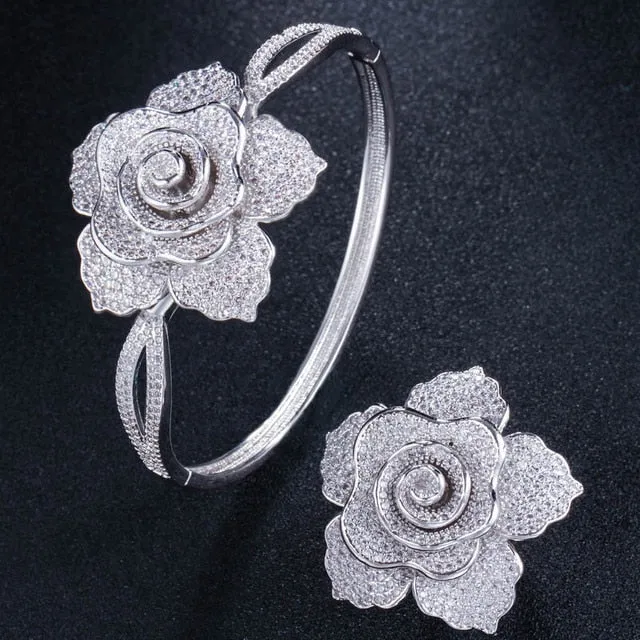 Big Rose Flower Shape Bangle and Ring Sets - Bridal Party Gifts