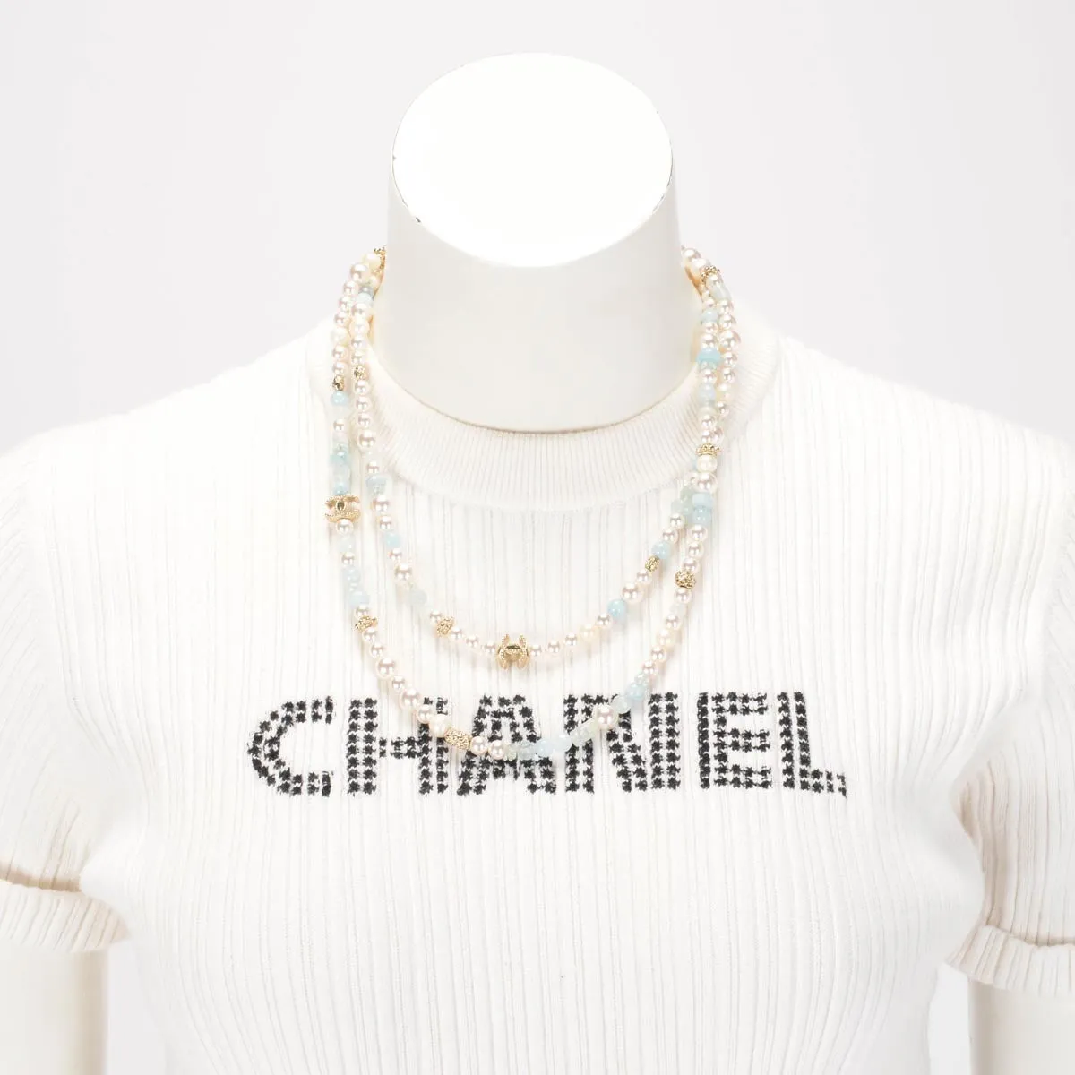 Chanel Aquamarine Crystal & Pearl Long Necklace