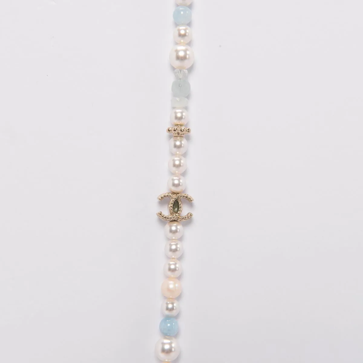 Chanel Aquamarine Crystal & Pearl Long Necklace