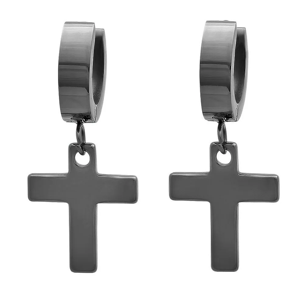 Cross Dangle   Huggie Stainless Steel Earrings