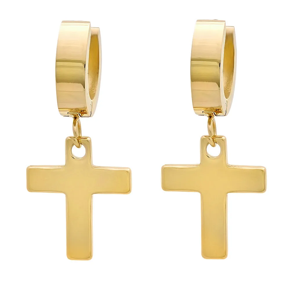 Cross Dangle   Huggie Stainless Steel Earrings