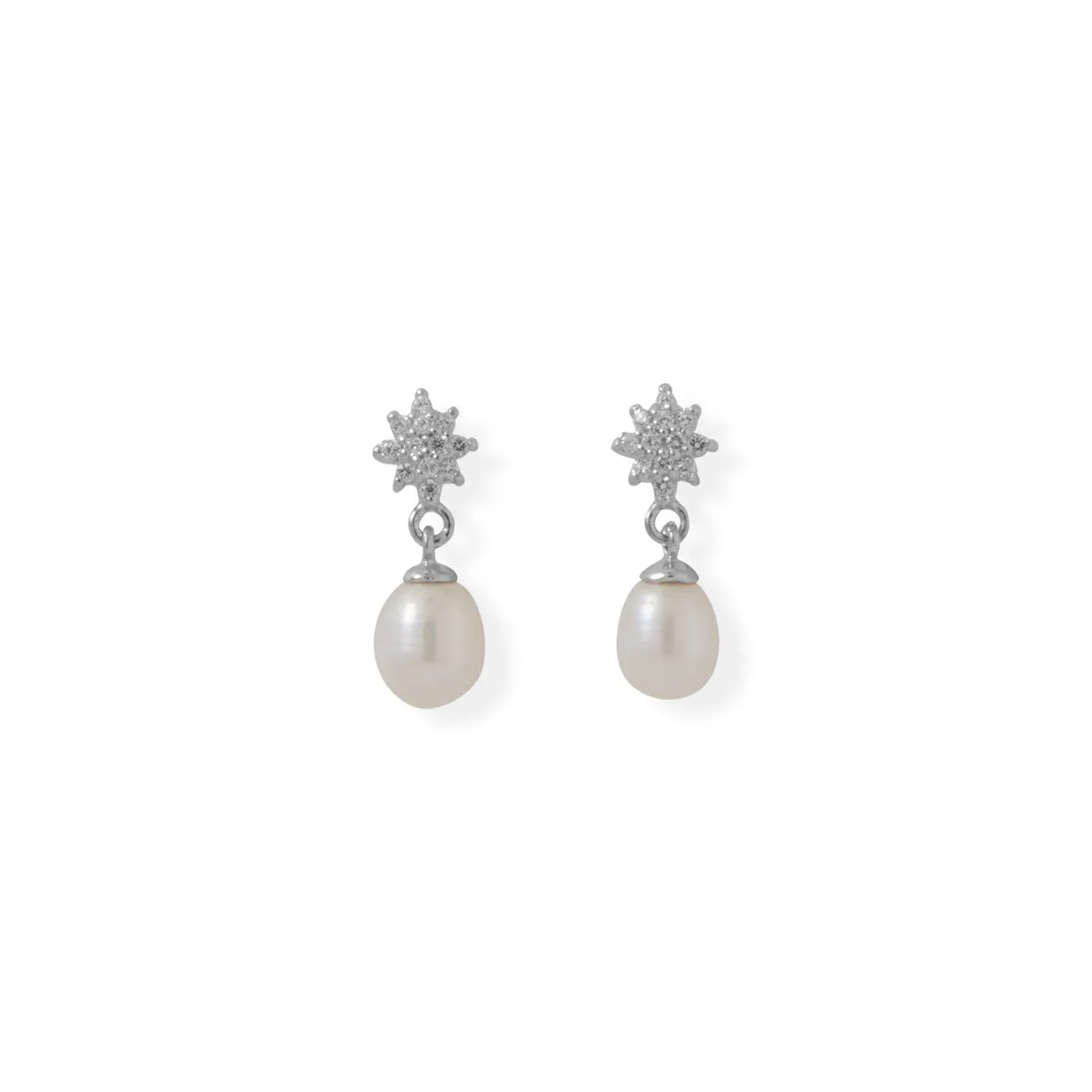 CZ Flower Post with Cultured Freshwater Pearl Drop Earrings